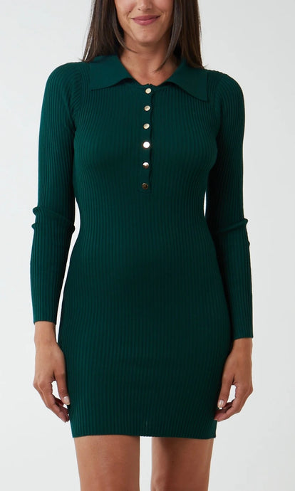 GOLD BUTTON COLLARED RIB GREEN MINI JUMPER DRESS