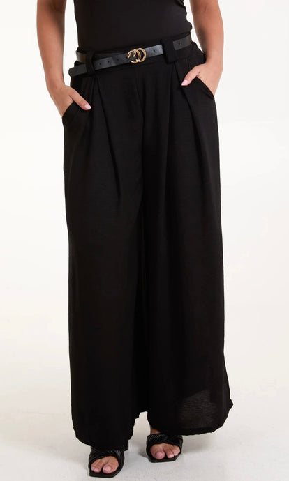 BLACK BELTED WIDE LEG TROUSERS