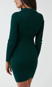 GOLD BUTTON COLLARED RIB GREEN MINI JUMPER DRESS