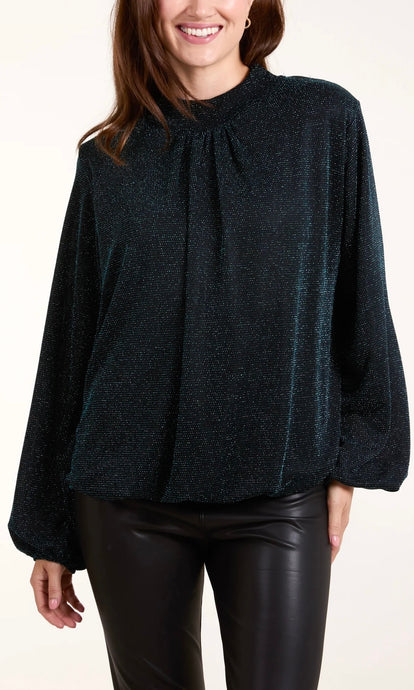 TEAL BLUE PUFFBALL HIGH NECK METALLIC BLOUSE