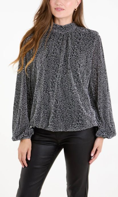 SILVER METALLIC ANIMAL PUFFBALL HEM BLOUSE