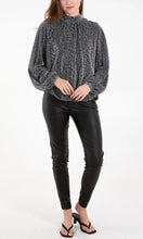 Load image into Gallery viewer, SILVER METALLIC ANIMAL PUFFBALL HEM BLOUSE