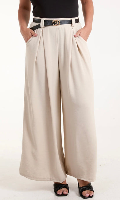 CREAM BELTED WIDE LEG TROUSERS
