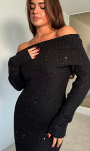 Brea Knitted Sequin Bardot Midi Dress Black