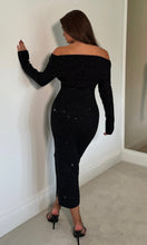 Load image into Gallery viewer, Brea Knitted Sequin Bardot Midi Dress Black