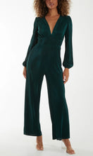 Load image into Gallery viewer, GREEN PLISSE V NECK ELASTICATED JUMPSUIT