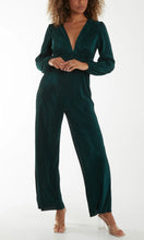 Load image into Gallery viewer, GREEN PLISSE V NECK ELASTICATED JUMPSUIT