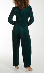 GREEN PLISSE V NECK ELASTICATED JUMPSUIT