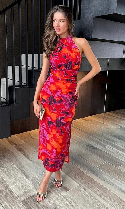 Orange And Purple Abstract Print Halter Neck Draped Waist Midi Dress