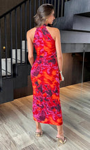 Load image into Gallery viewer, Orange And Purple Abstract Print Halter Neck Draped Waist Midi Dress