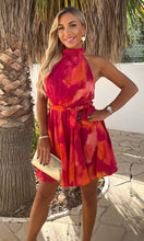 Load image into Gallery viewer, Pink And Orange Smudge Print Halterneck Tie Waist Mini Dress