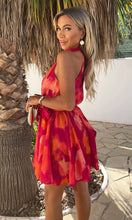 Load image into Gallery viewer, Pink And Orange Smudge Print Halterneck Tie Waist Mini Dress