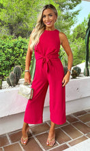 Load image into Gallery viewer, Magenta Racer Neck Tie Waist Jumpsuit