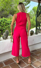 Load image into Gallery viewer, Magenta Racer Neck Tie Waist Jumpsuit