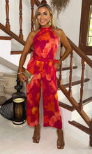 Load image into Gallery viewer, Pink And Orange Smudge Print Halter Neck Tie Waist Jumpsuit