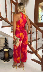 Pink And Orange Smudge Print Halter Neck Tie Waist Jumpsuit