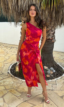 Load image into Gallery viewer, Pink And Orange Smudge Print One Shoulder Knot Skirt Midi Dress