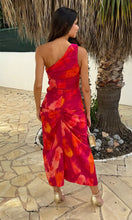 Load image into Gallery viewer, Pink And Orange Smudge Print One Shoulder Knot Skirt Midi Dress