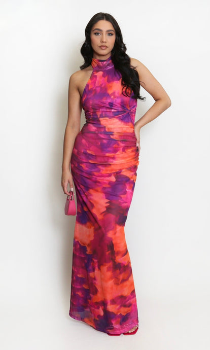 Pink Water Colour Halter Neck Maxi Dress