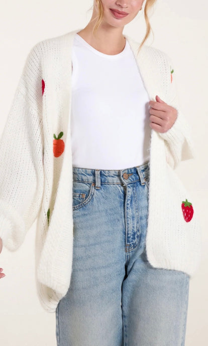 EMBROIDERED FRUIT KNIT CARDIGAN