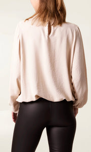 BEIGE HIGH NECK PUFFBALL SLEEVE BLOUSE