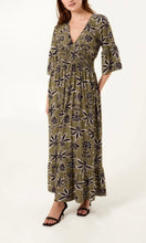 Load image into Gallery viewer, KHAKI LEAF PRINT V-NECK SHIRRED WAIST MIDI DRESS