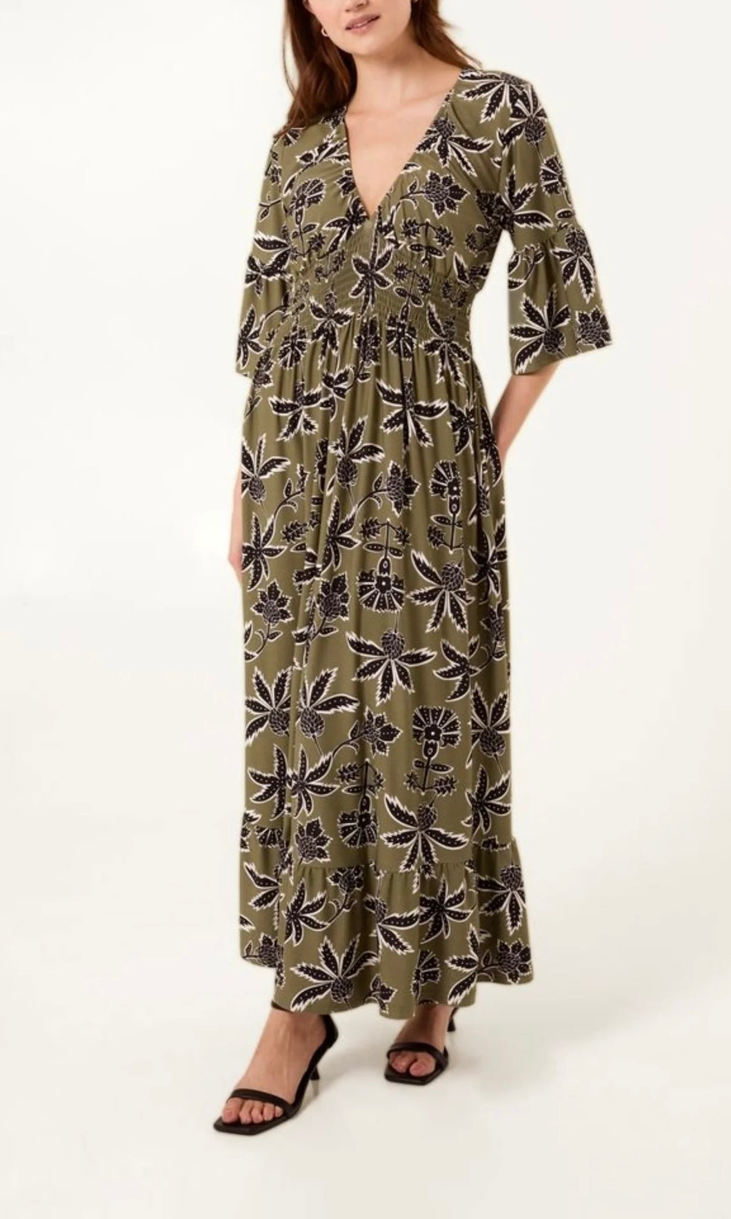 KHAKI LEAF PRINT V-NECK SHIRRED WAIST MIDI DRESS