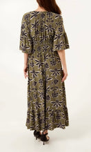 Load image into Gallery viewer, KHAKI LEAF PRINT V-NECK SHIRRED WAIST MIDI DRESS