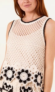 BLACK AND CREAM FLOWER EDGE CROCHET VEST