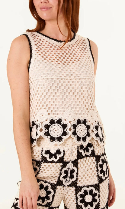 BLACK AND CREAM FLOWER EDGE CROCHET VEST