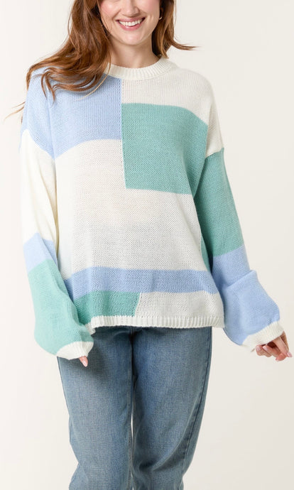 BLUE COLOUR BLOCK KNIT JUMPER