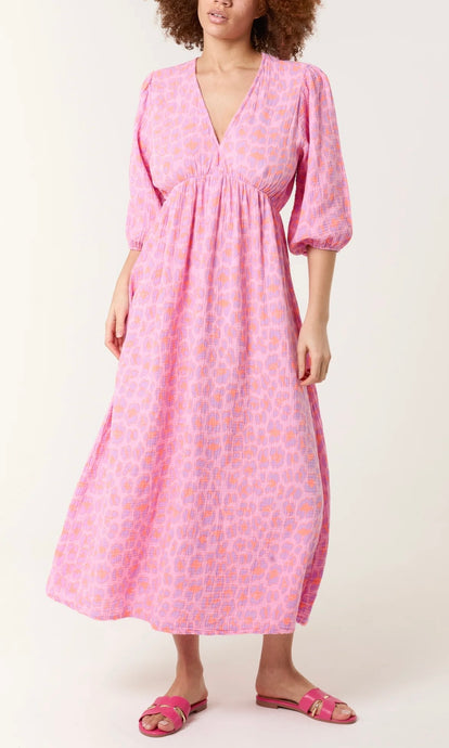 PINK LEOPARD PRINT CHEESECLOTH MIDI DRESS