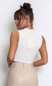 CREAM TEXTURED HIGH NECK CROP TOP