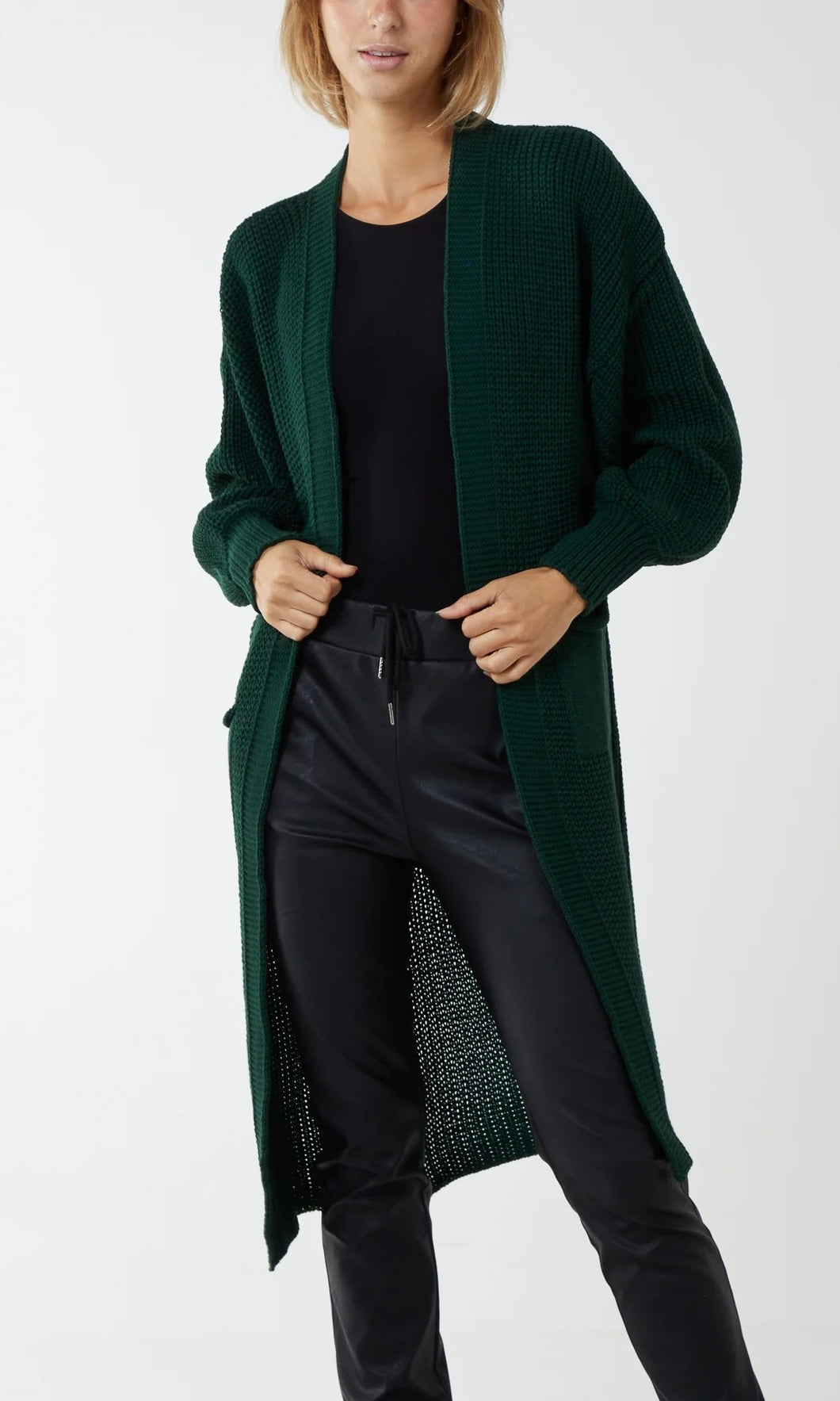 FOREST GREEN CHUNKY KNIT LONGLINE CARDIGAN