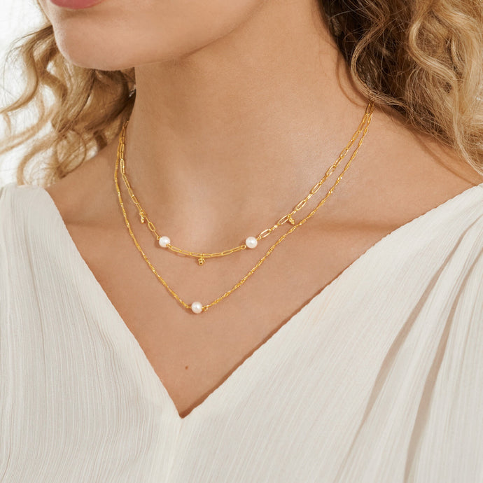 Stacks Of Style Necklace In White Pearl And Gold Plating