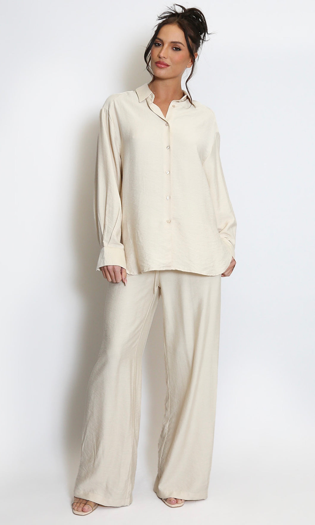 Beige Wide Leg Trousers With Elasticated Waist