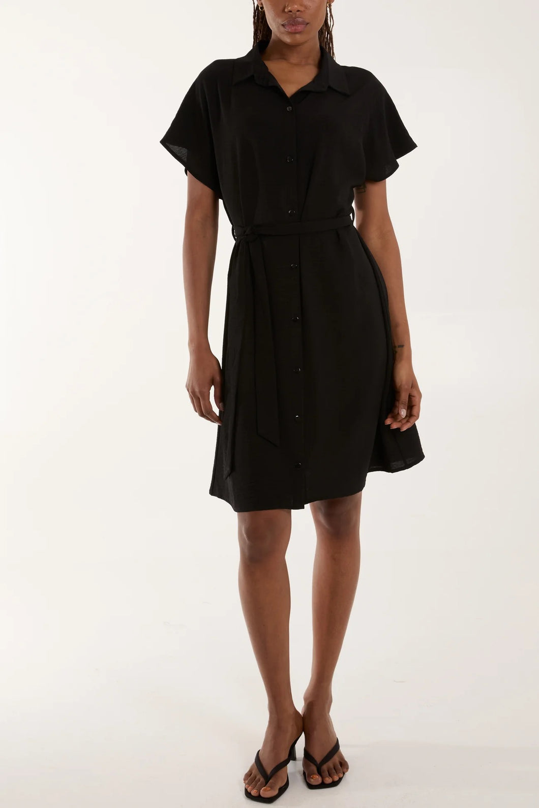 BLACK TIE BELT BUTTON DOWN SHIRT DRESS