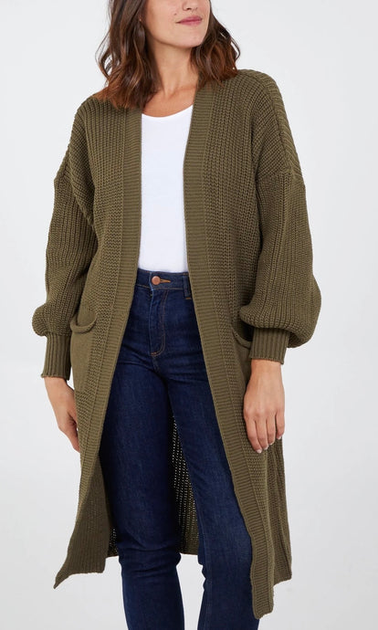 KHAKI CHUNKY KNIT LONGLINE CARDIGAN