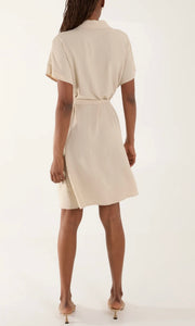 CREAM TIE BELT BUTTON DOWN SHIRT DRESS