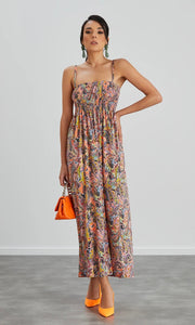 CAMI ELASTICATED MAXI DRESS IN ORANGE MULTICOLOUR PRINT