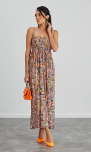 CAMI ELASTICATED MAXI DRESS IN ORANGE MULTICOLOUR PRINT