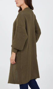 KHAKI CHUNKY KNIT LONGLINE CARDIGAN