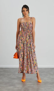 CAMI ELASTICATED MAXI DRESS IN ORANGE MULTICOLOUR PRINT