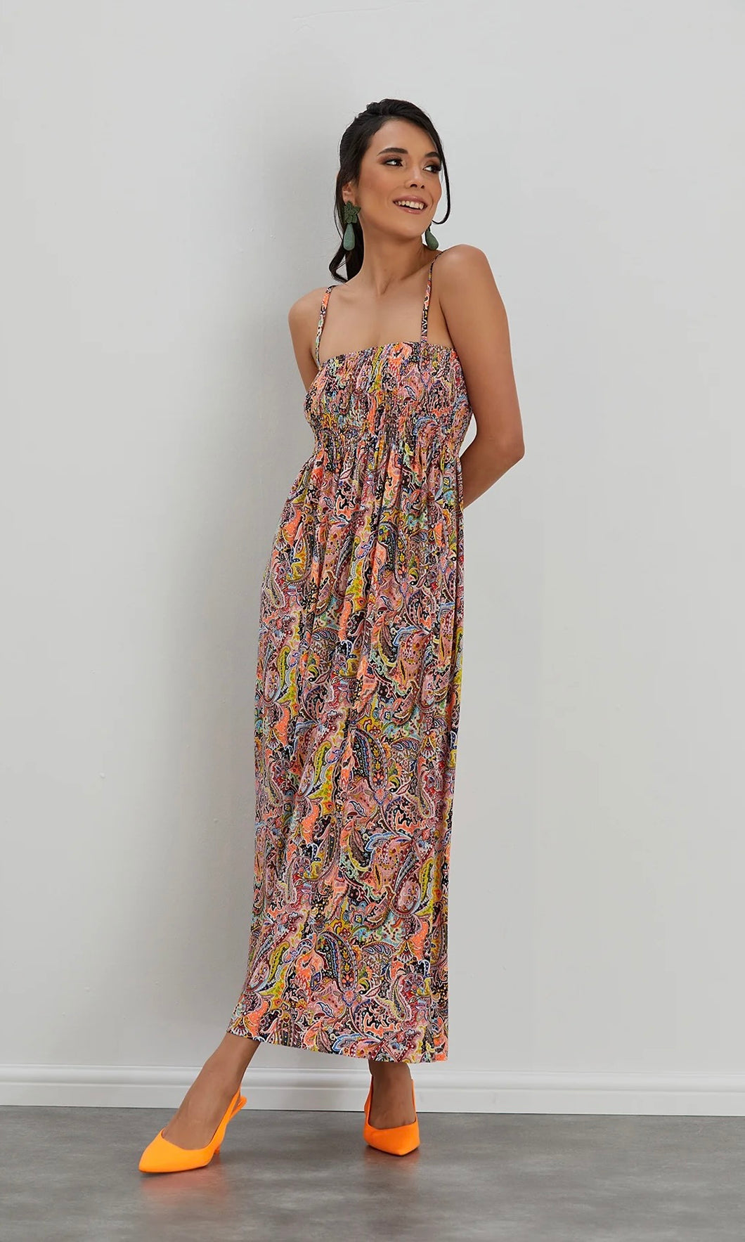 CAMI ELASTICATED MAXI DRESS IN ORANGE MULTICOLOUR PRINT