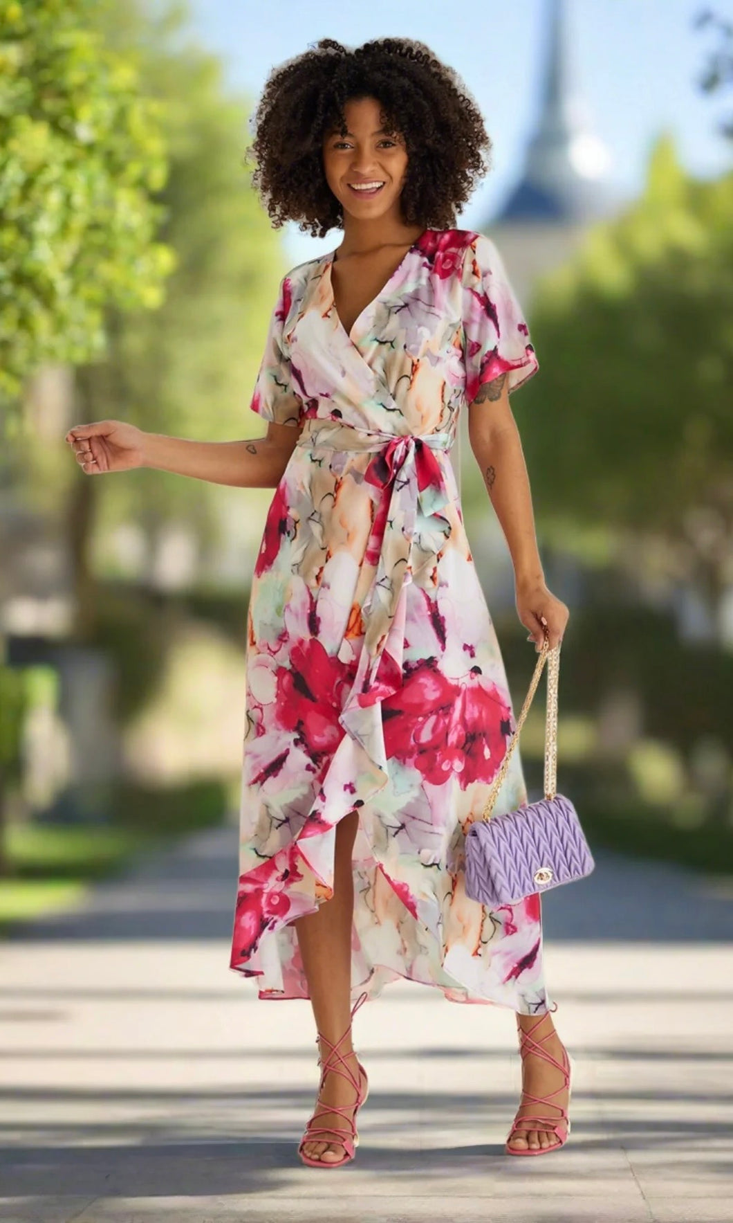 PINK RUFFLE HEM WRAP MIDI DRESS