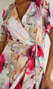 PINK RUFFLE HEM WRAP MIDI DRESS