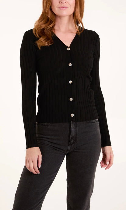 BLACK RIBBED FINE KNIT BUTTON CARDIGAN