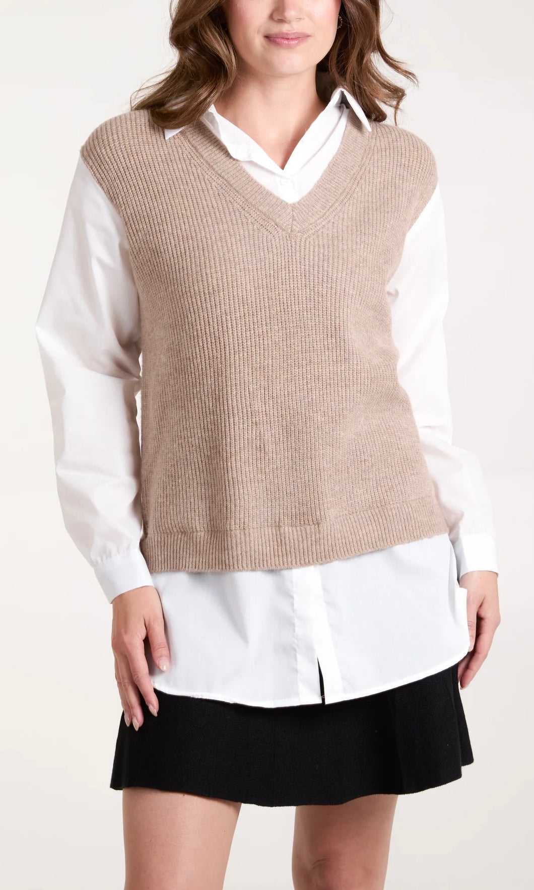 TAUPE  V-NECK KNIT VEST WITH SHIRT