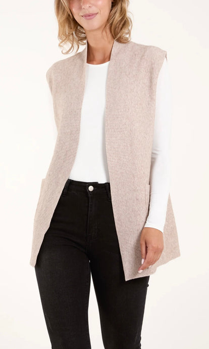 BEIGE LONGLINE POCKET KNITTED WAISTCOAT