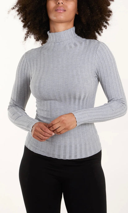 GREY RIBBED ROLL NECK JUMPER